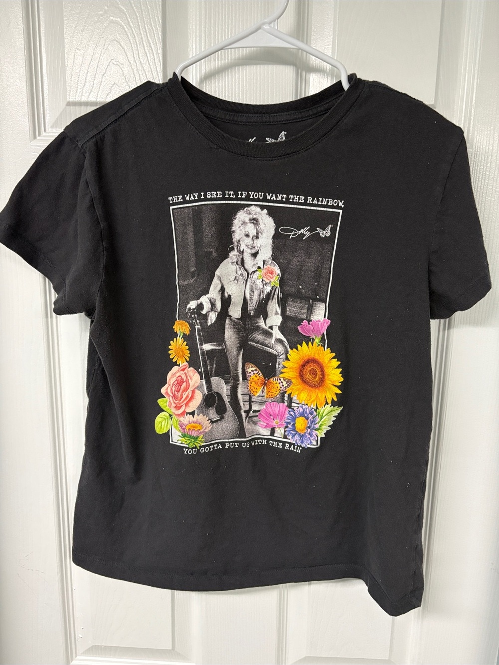 Dolly Parton Black Women’s Graphic Tee with Floral & Butterfly Print size MED